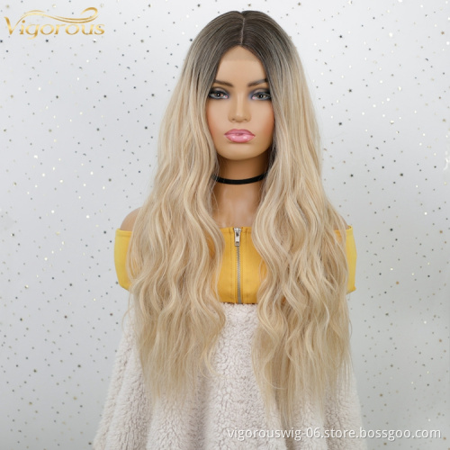 Natural Looking Long Ombre Blonde body Wavy Curly End Straight Wigs Women Middle Part Heat Resistant Fiber Synthetic Fiber Wig